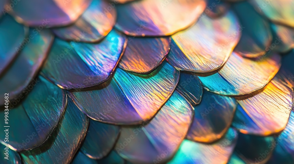 Poster close up view of shimmering iridescent scales against an abstract background resembling pearls