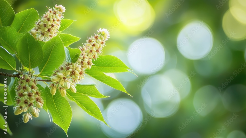Poster springtime chestnut tree in bloom showcasing vibrant green leaves and flowers against a softly blurr