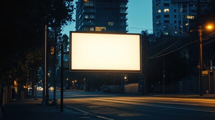 Empty billboard on a street at night featuring a mockup poster in a dim urban setting A blank space for advertisement in an urban environment