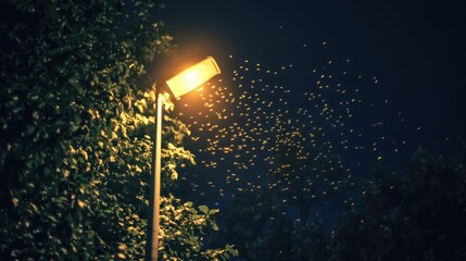 Mayflies swarming around a streetlight during nighttime
