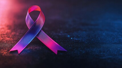 A ribbon shaped symbol representing Cancer Awareness in violet blue and pink colors on the left side