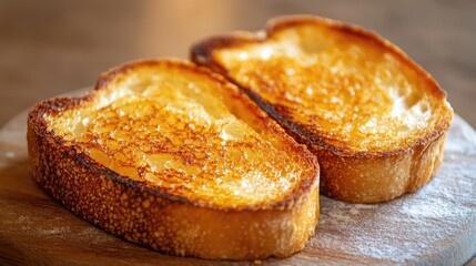 Two enticing slices of toasted bread perfectly sliced