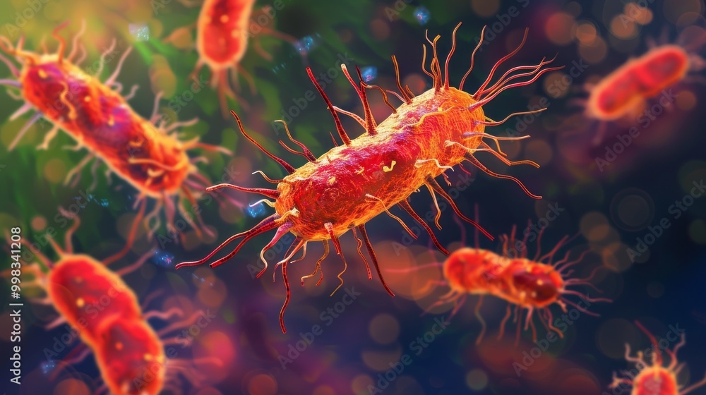Poster a bunch of red bacteria are shown in a blurry image