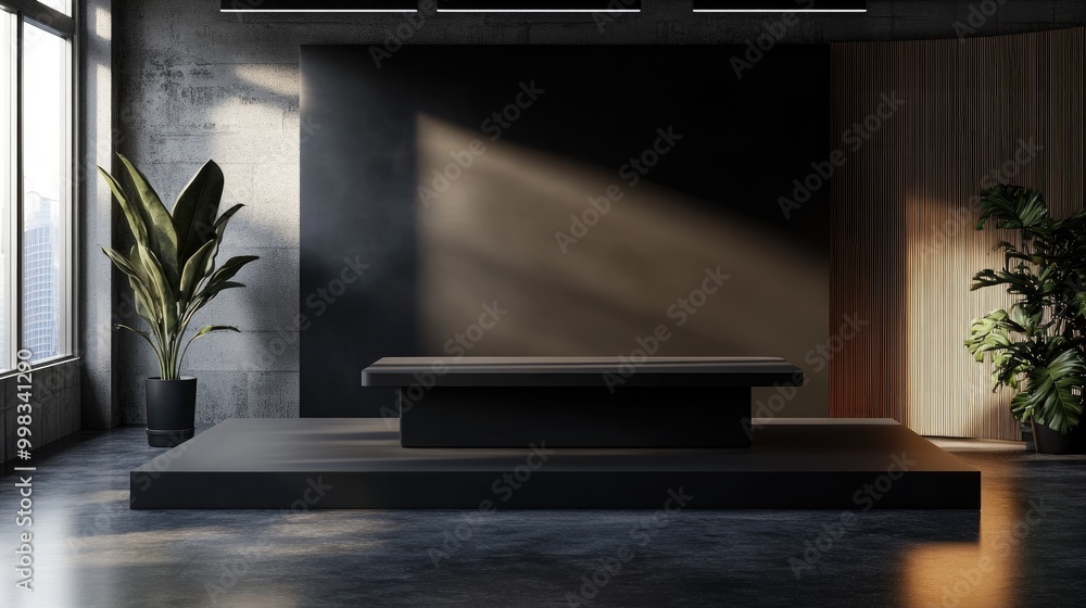Aufkleber sleek black matte tech product display table in a modern minimalist studio environment