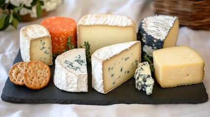 Variety of cheeses arranged on a slate serving board