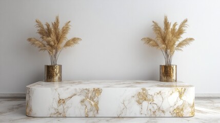 White and gold marble granite podium stage display mockup featuring ample copyspace for showcasing your creative product exhibition backdrop concept