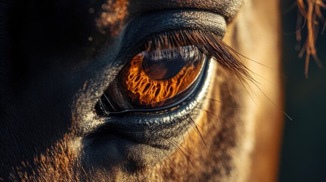 Close up of an amber colored horse eye featuring long lashes of a brown stallion