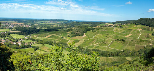 Vineyards around the village of Chateau Chalon, in the French Jura, known for its local wines made of savagnin grapes 