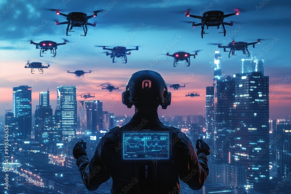Aufkleber a skilled pilot operates multiple sleek drones using a touchpad, overseeing a city skyline illuminat