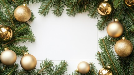 Christmas card mockup featuring fir tree branches golden ornaments and a blank sheet of paper on a clean white backdrop Flat lay aerial perspective