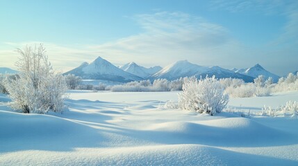 Fototapeta premium Scenic snowy meadow with snow covered mountains in the background featuring a tranquil winter landscape devoid of any people