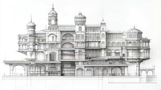 Cross-section CAD drawing of a huge building, future brutalism skyskribers style, with multiple towers and floors, white background, technical blueprint