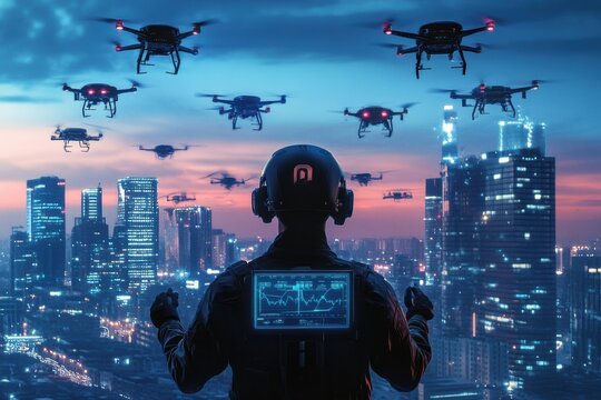 A skilled pilot operates multiple sleek drones using a touchpad, overseeing a city skyline illuminated by evening lights. Generative AI