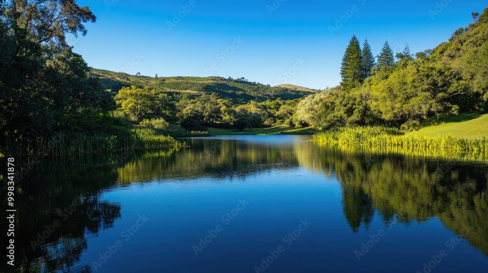 Aufkleber serene pond encircled by lush trees and rolling hills with reflections shimmering on the surface of 