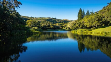 Obraz premium Serene pond encircled by lush trees and rolling hills with reflections shimmering on the surface of the water