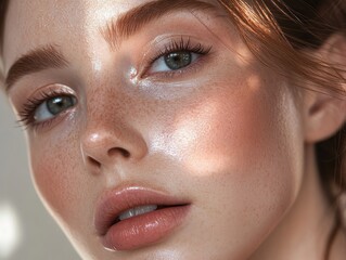 Fototapeta premium Fresh skin makeup look, radiant and natural, minimal makeup with a glowing face