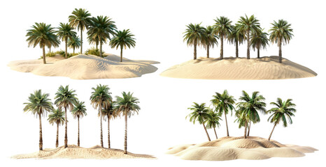 Set of tropical oasises with lush palm trees on sandy dunes, cut out