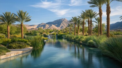 Obraz premium This serene retreat features lush palm trees along a crystal clear waterway framed by sandy dunes and dramatic mountain scenery