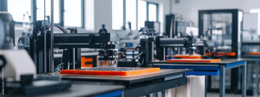 Poster modern manufacturing setup featuring multiple 3d printers in a well-lit workshop with equipment on d
