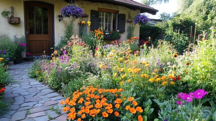 Obraz premium Serene Garden Retreat Individuals Cultivating Bright Flowers in a Peaceful Colorful Environment