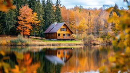 Fototapeta premium Cozy cabins and cottages nestled by a tranquil lake and vibrant autumn forest for relaxing retreats and mindful fall holidays Picturesque nature escapes amidst beautiful autumn scenery