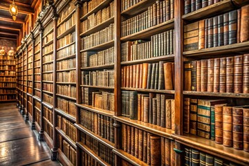 Fototapeta premium Old archive books lined up on shelves, showcasing a large collection of vintage volumes