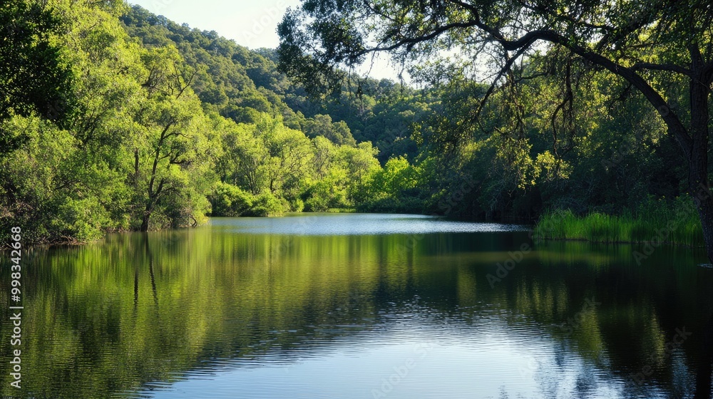 Poster serene pond encircled by lush trees and rolling hills with reflections shimmering on the surface of 