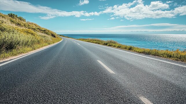 Sunny summer day on a coastal road seen from the side featuring an asphalt surface and vibrant surroundings