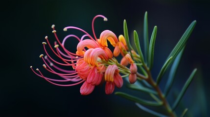 Close-up of vibrant pink and orange flowering plant with slender green leaves in natural light during early morning hours
