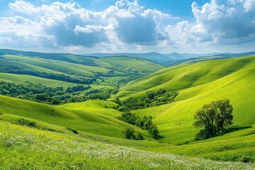 Fototapeta premium Green rolling hills stretching as far as the eye can see, a peaceful and vibrant landscape