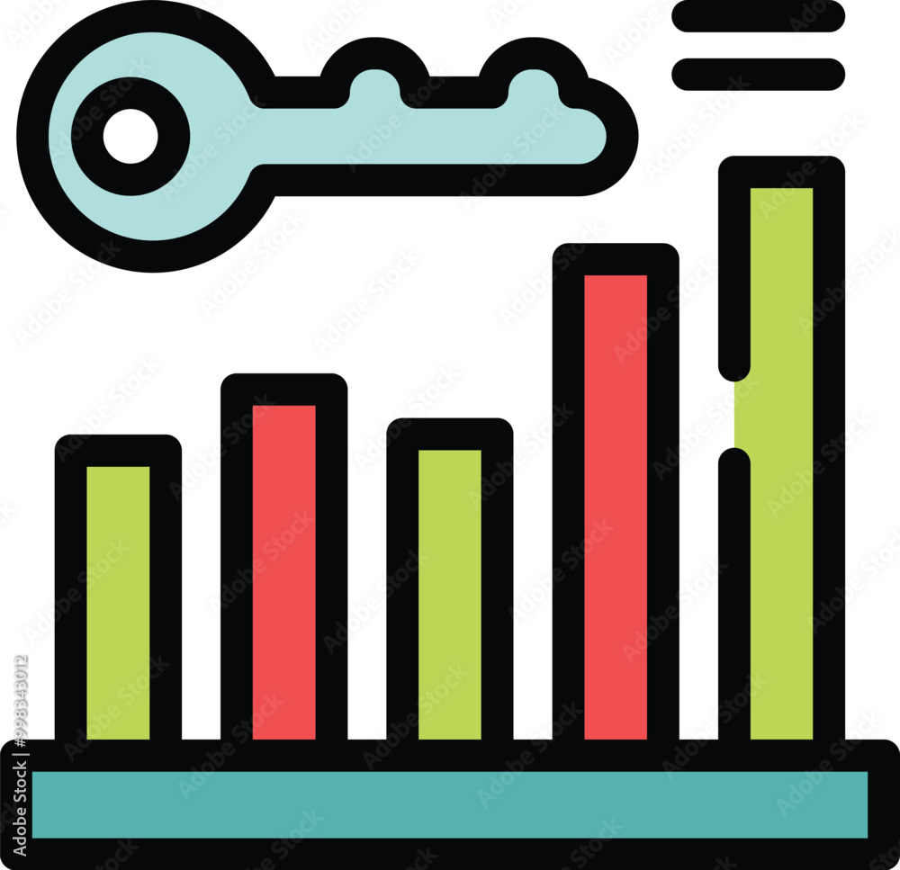 Poster colorful icon of a key performance indicator kpi chart with a key above growing bars