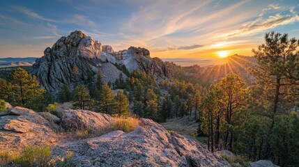 Naklejka premium Scenic Sunrise Over Rocky Landscape