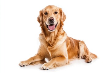 Isolated animal (golden retriever) sitting on a white background, looking to the camera