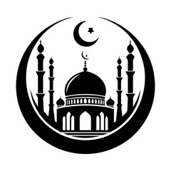 Circular Frame Mosque Silhouette Featuring Crescent Moon and Star for Elegant Branding
