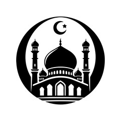 Islamic Mosque Silhouette Design with Crescent Moon in Circular Frame for Branding

