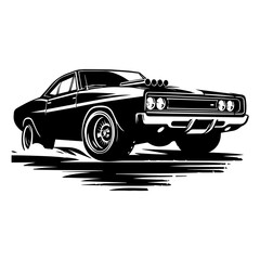 Timeless Silhouette of a 1970s Muscle Car with Wide Rear Tires for Apparel