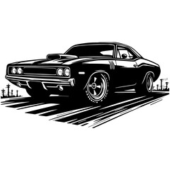 Retro Muscle Car Silhouette Design Featuring Hood Scoop for Graphic Tees
