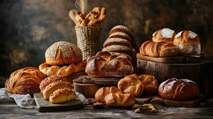 Assortment of Freshly Baked Bread on Wooden Surfaces