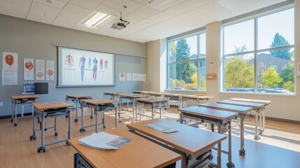 Bright Classroom with Projection Screen