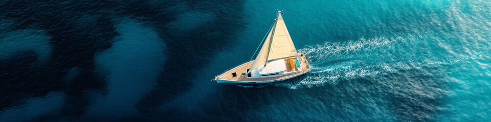 Fototapeta premium A sailboat is sailing in the ocean with a blue sky in the background. The boat is the main focus of the image, and it is moving smoothly through the water