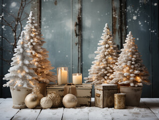 Decorado de escena Navideña con varios pino blancos, cajas de cartón, regalos, bola decorativas, velas encendidas, luces, estilo nevando, fondo y suelos de madera. Tarjeta postales, papel, decorativo 