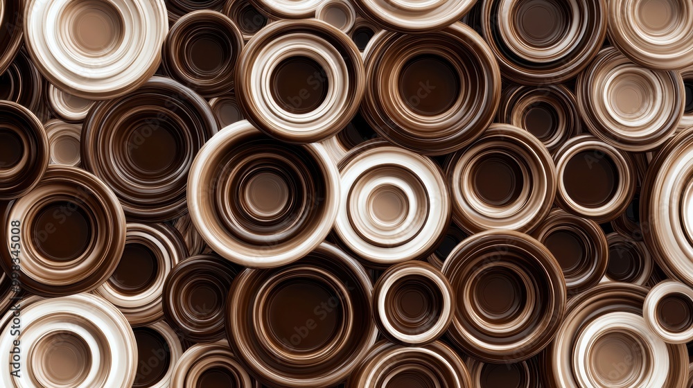 Poster An abstract design features overlapping coffee cup rings in various brown shades, creating a visually striking and organic pattern. Generative AI