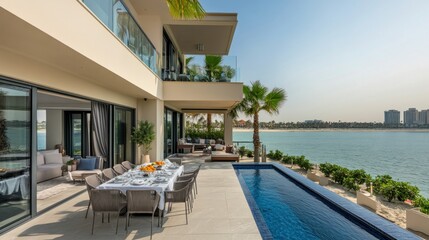 Fototapeta premium Modern waterfront villa with outdoor dining and pool overlooking the sea.