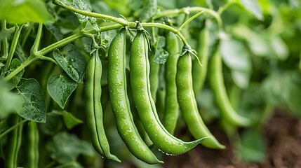Fresh green pea pods hang from a vine, glistening with dew in a lush garden setting, symbolizing growth and harvest.