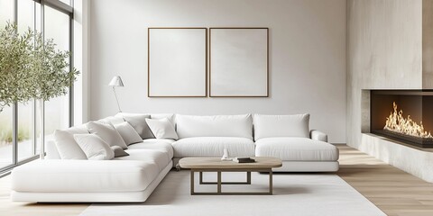 Modern living room with a cozy white sectional sofa, minimalist decor, and a warm fireplace creating a serene atmosphere.
