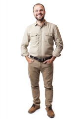 Fototapeta premium Isolated man in casual clothes smiling, standing confidently on a white background
