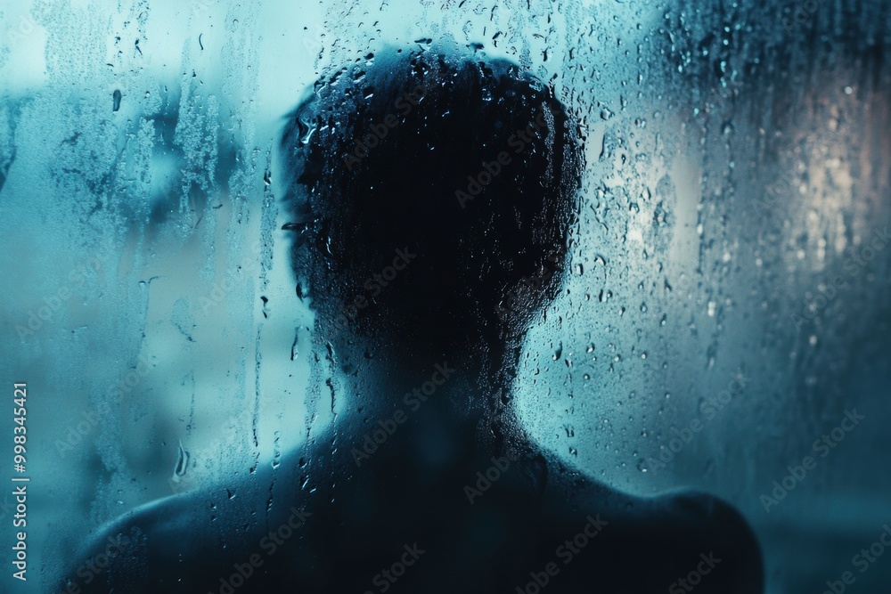 Poster a lone person stands by a rain-drenched window, lost in reflection as drops trickle down the glass i