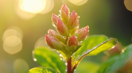 Delicate blossom surrounded by morning dew with a soft, glowing background in a serene garden at sunrise