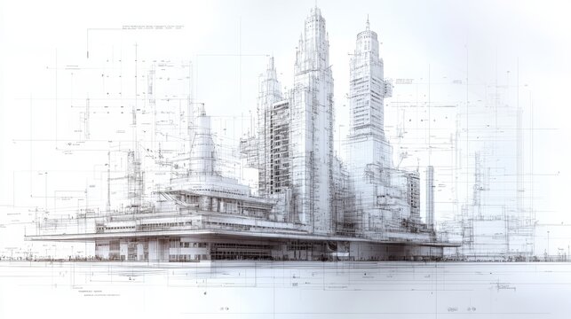 Cross-section CAD drawing of a huge building, future brutalism skyskribers style, with multiple towers and floors, white background, technical blueprint