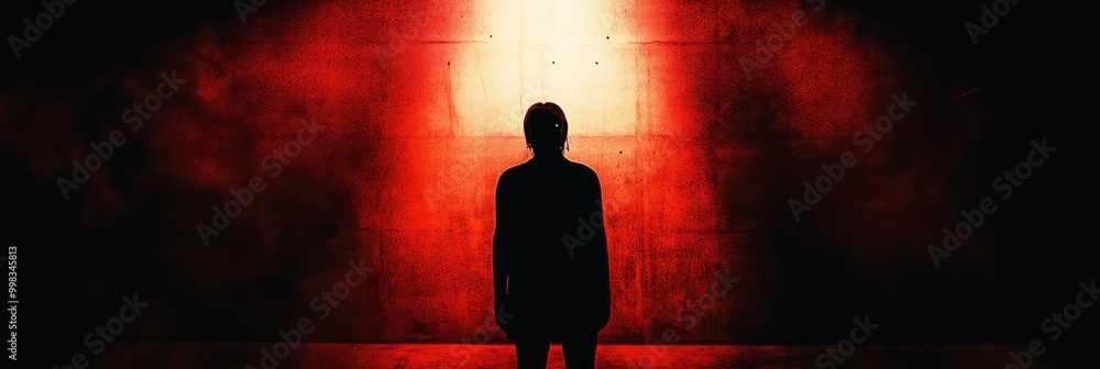 Poster in a dimly lit space, a solitary figure is showcased under a bright light, casting a menacing atmosp